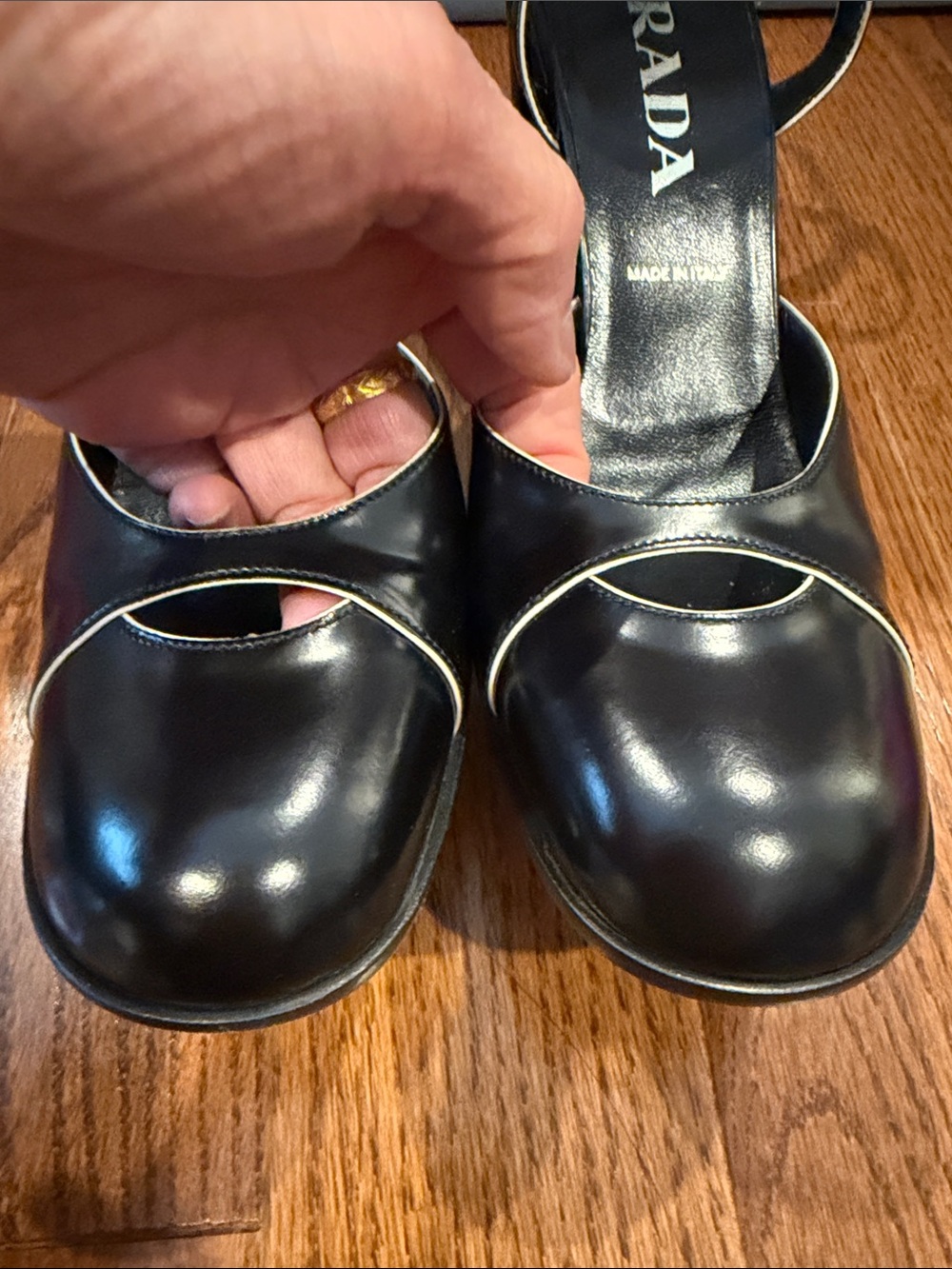 Prada Black Leather Ankle-Strap Pumps with Contrast Piping - Picture 4 of 14